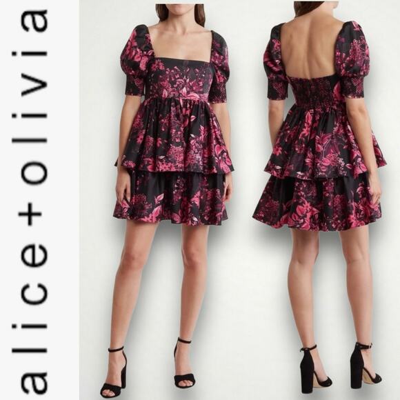 Alice + Olivia Dresses & Skirts - ALICE + OLIVIA EMMALOU FLORAL PRINT COTTON FAILLE MINI DRESS PINK BLACK MEDIUM 6